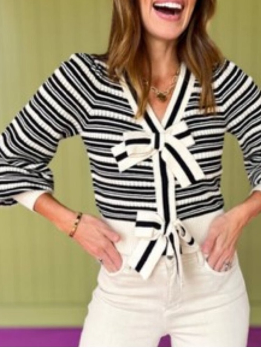 entro Black & beige  Striped Knit Bow Cardigan Sweater Size M